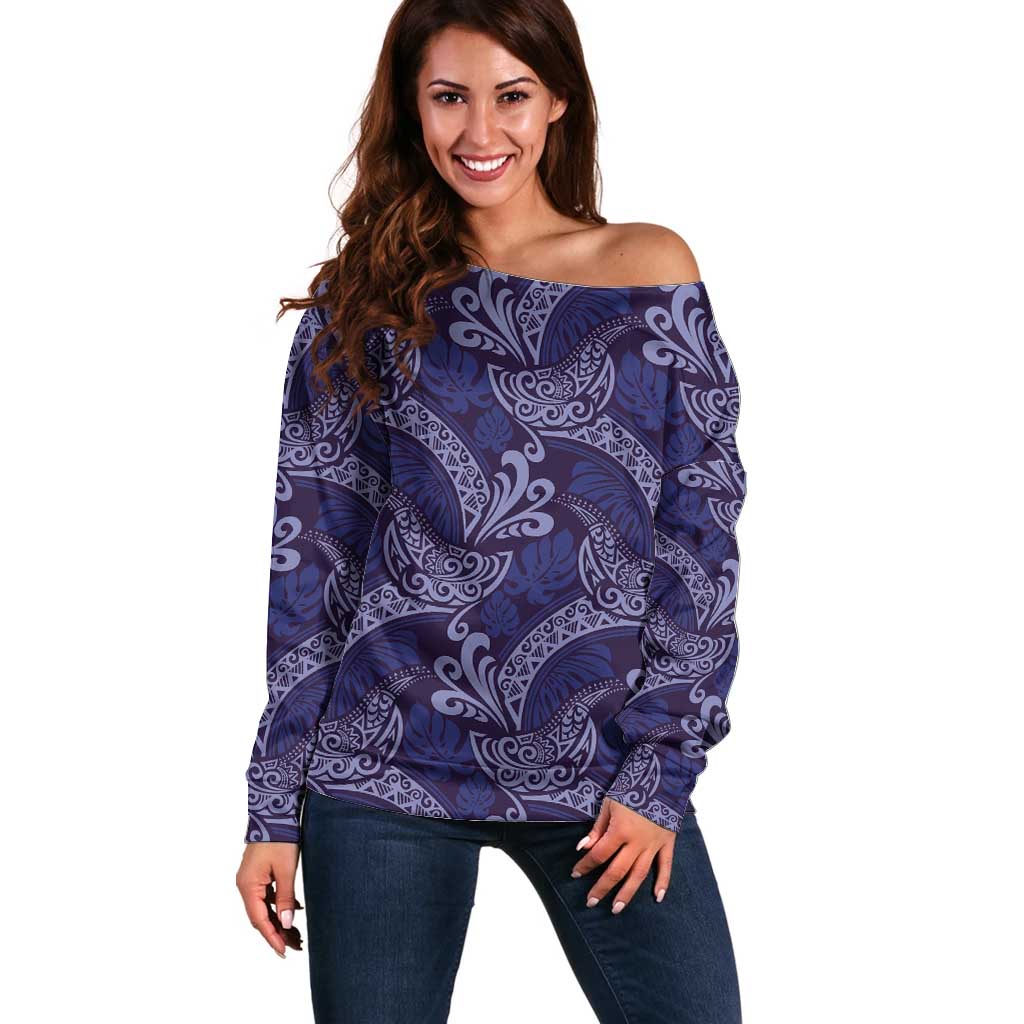 Deep Blue Monstera Off Shoulder Sweater Polynesian Tribal Pattern LT01 Women Blue - Polynesian Pride