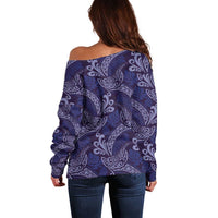 Deep Blue Monstera Off Shoulder Sweater Polynesian Tribal Pattern LT01 - Polynesian Pride