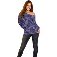 Deep Blue Monstera Off Shoulder Sweater Polynesian Tribal Pattern LT01 - Polynesian Pride