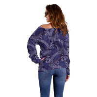 Deep Blue Monstera Off Shoulder Sweater Polynesian Tribal Pattern LT01 - Polynesian Pride