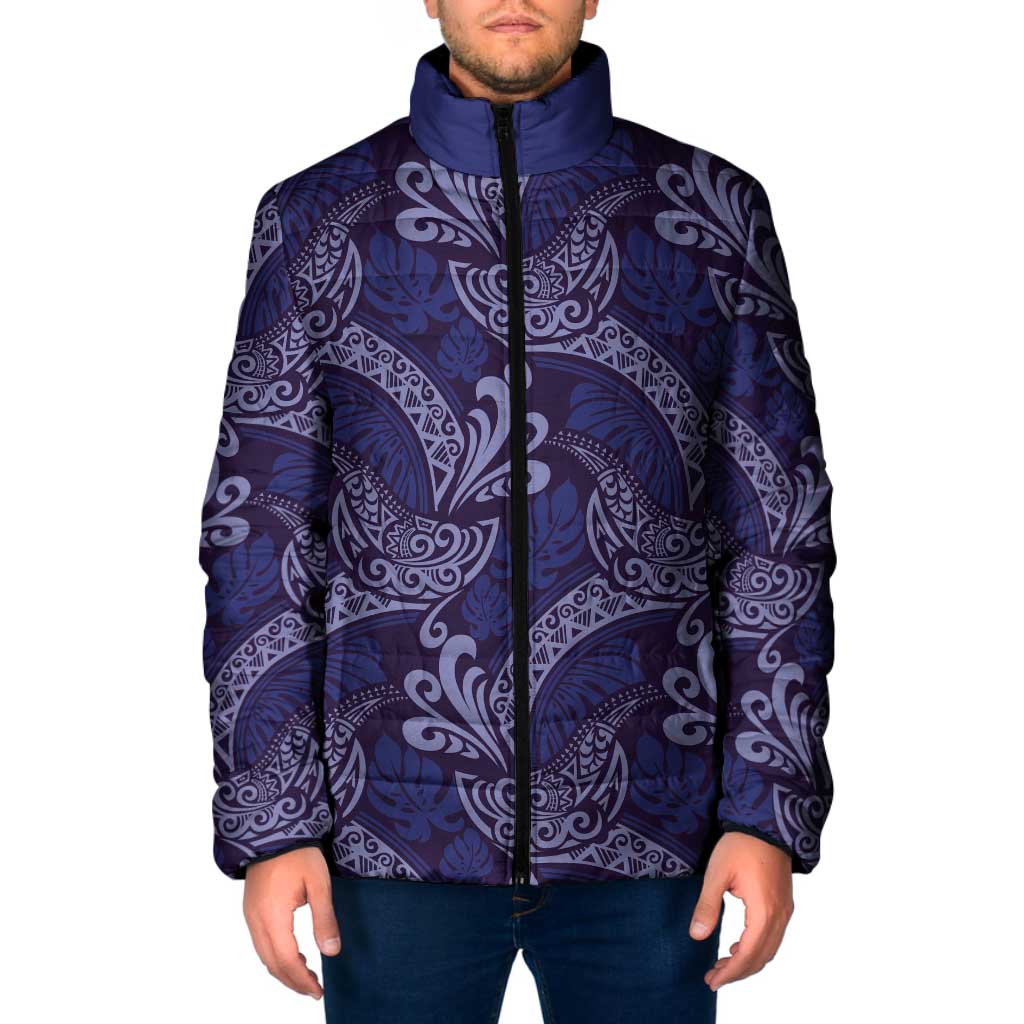 Deep Blue Monstera Padded Jacket Polynesian Tribal Pattern LT01 Men Blue - Polynesian Pride