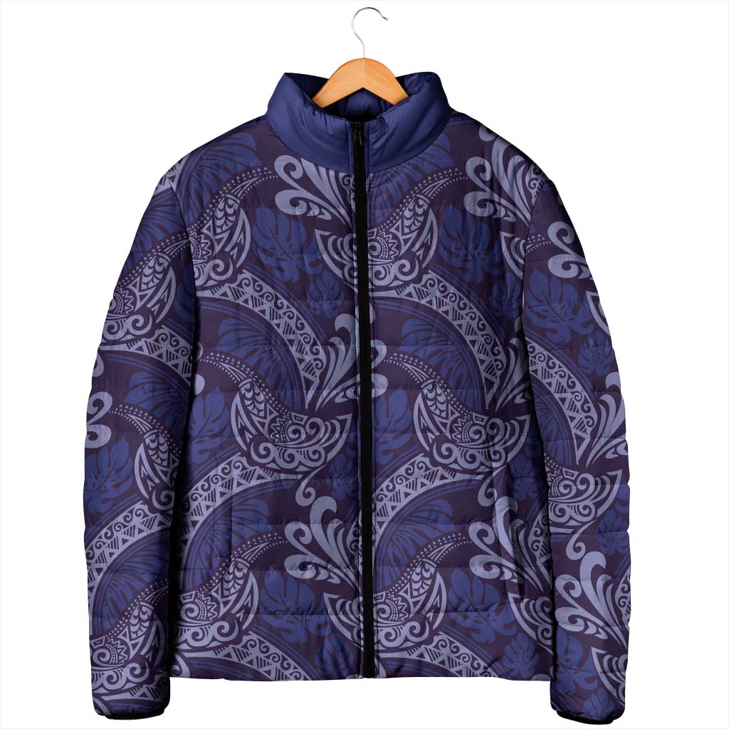 Deep Blue Monstera Padded Jacket Polynesian Tribal Pattern LT01 - Polynesian Pride