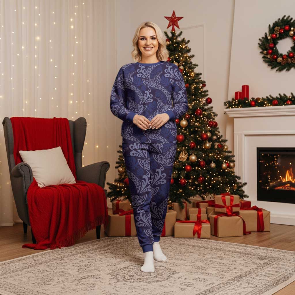 Deep Blue Monstera Christmas Pajama Set Polynesian Tribal Pattern LT01 Women Blue - Polynesian Pride