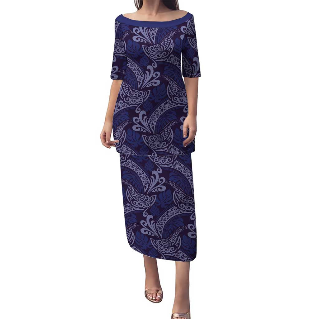 Deep Blue Monstera Puletasi Polynesian Tribal Pattern LT01 Long Dress Blue - Polynesian Pride