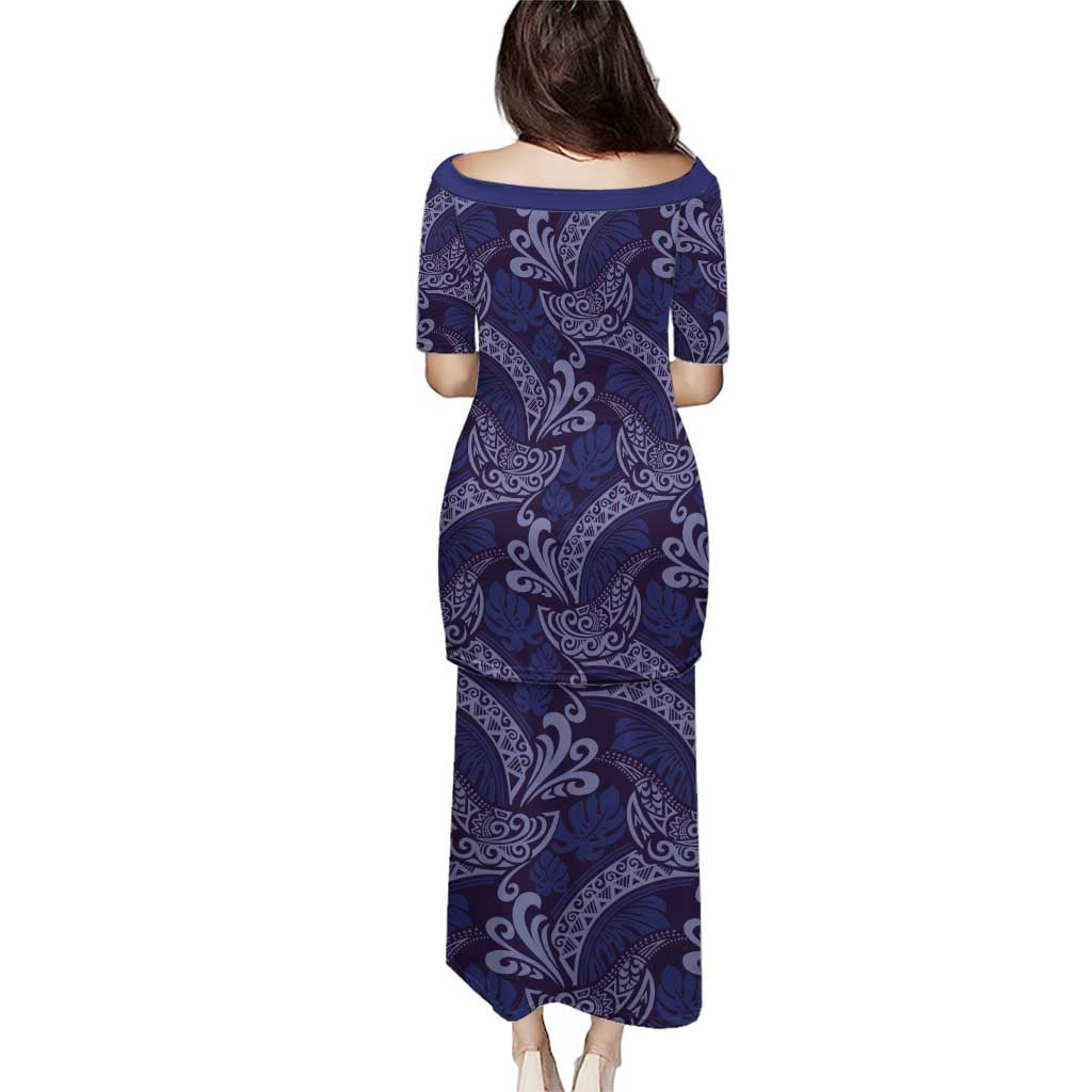Deep Blue Monstera Puletasi Polynesian Tribal Pattern LT01 - Polynesian Pride