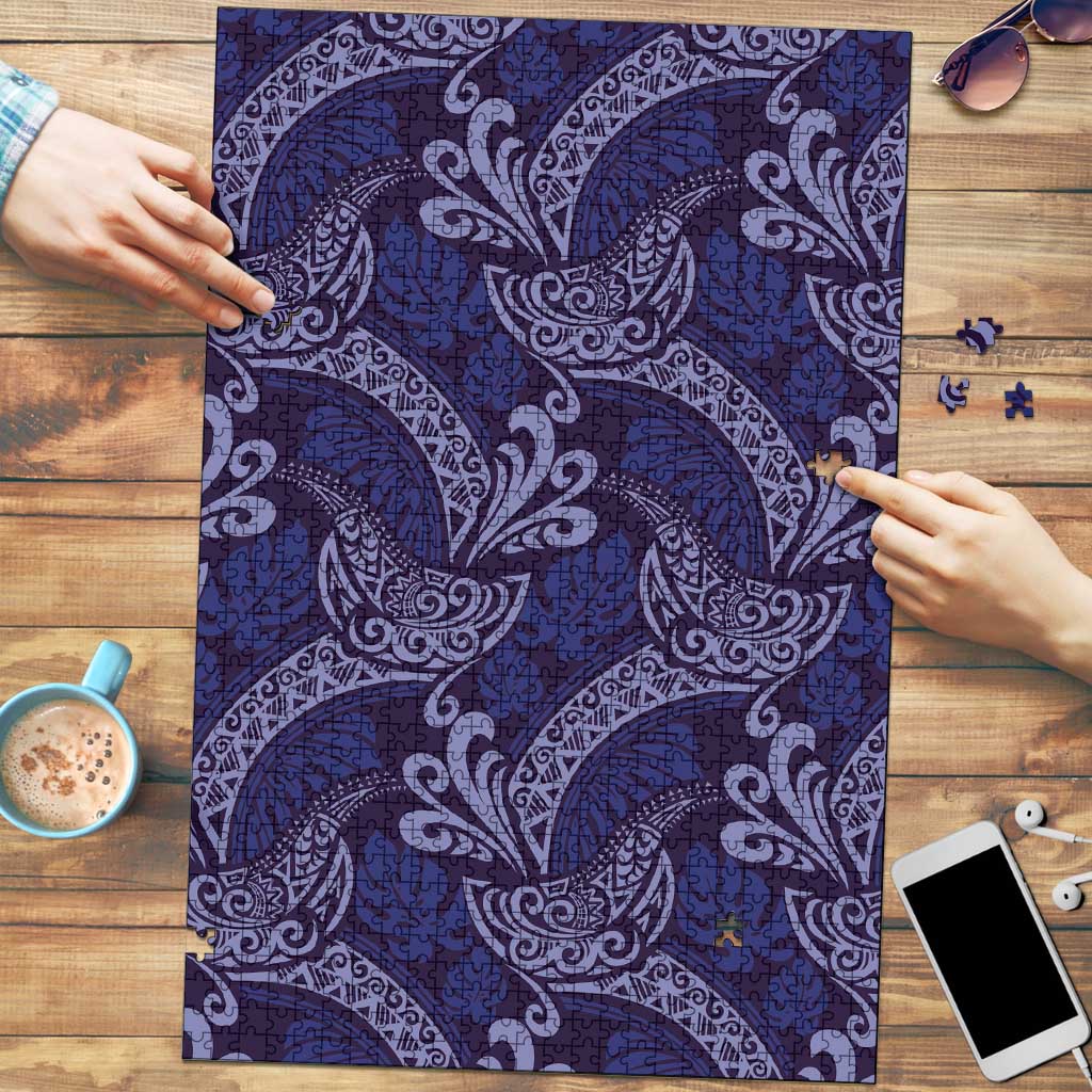 Deep Blue Monstera Puzzle Polynesian Tribal Pattern LT01 Blue - Polynesian Pride