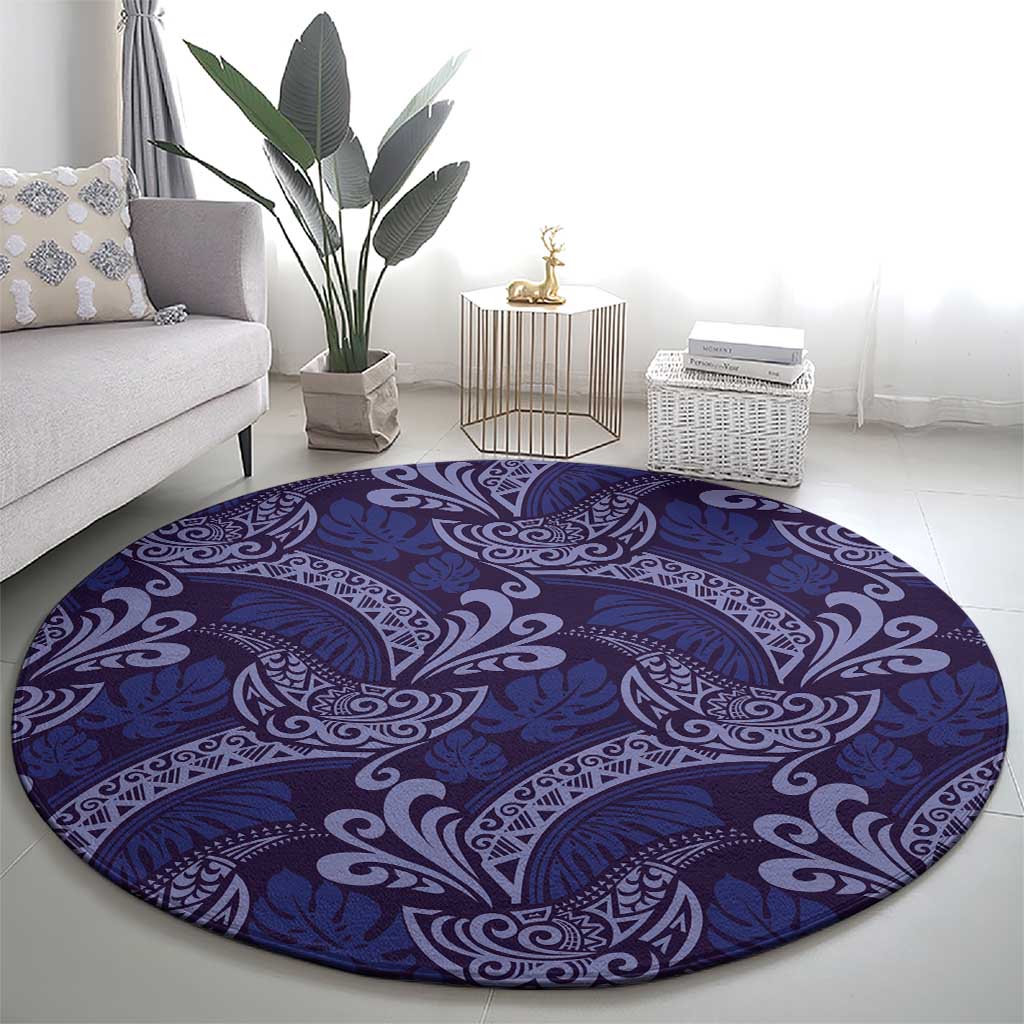 Deep Blue Monstera Round Carpet Polynesian Tribal Pattern LT01 - Polynesian Pride
