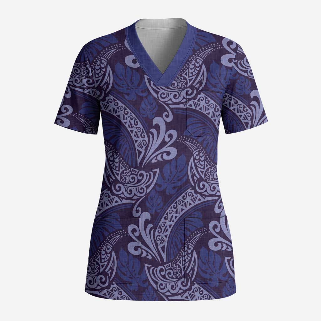 Deep Blue Monstera Scrub Top - Polynesian Tribal Pattern LT01 Adult Blue - Polynesian Pride