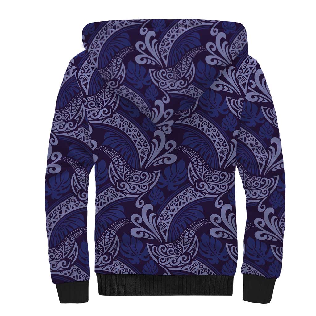 Deep Blue Monstera Sherpa Hoodie Polynesian Tribal Pattern LT01 - Polynesian Pride