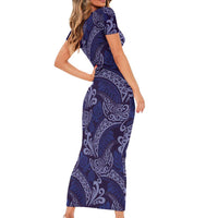 Deep Blue Monstera Short Sleeve Bodycon Dress Polynesian Tribal Pattern LT01 - Polynesian Pride