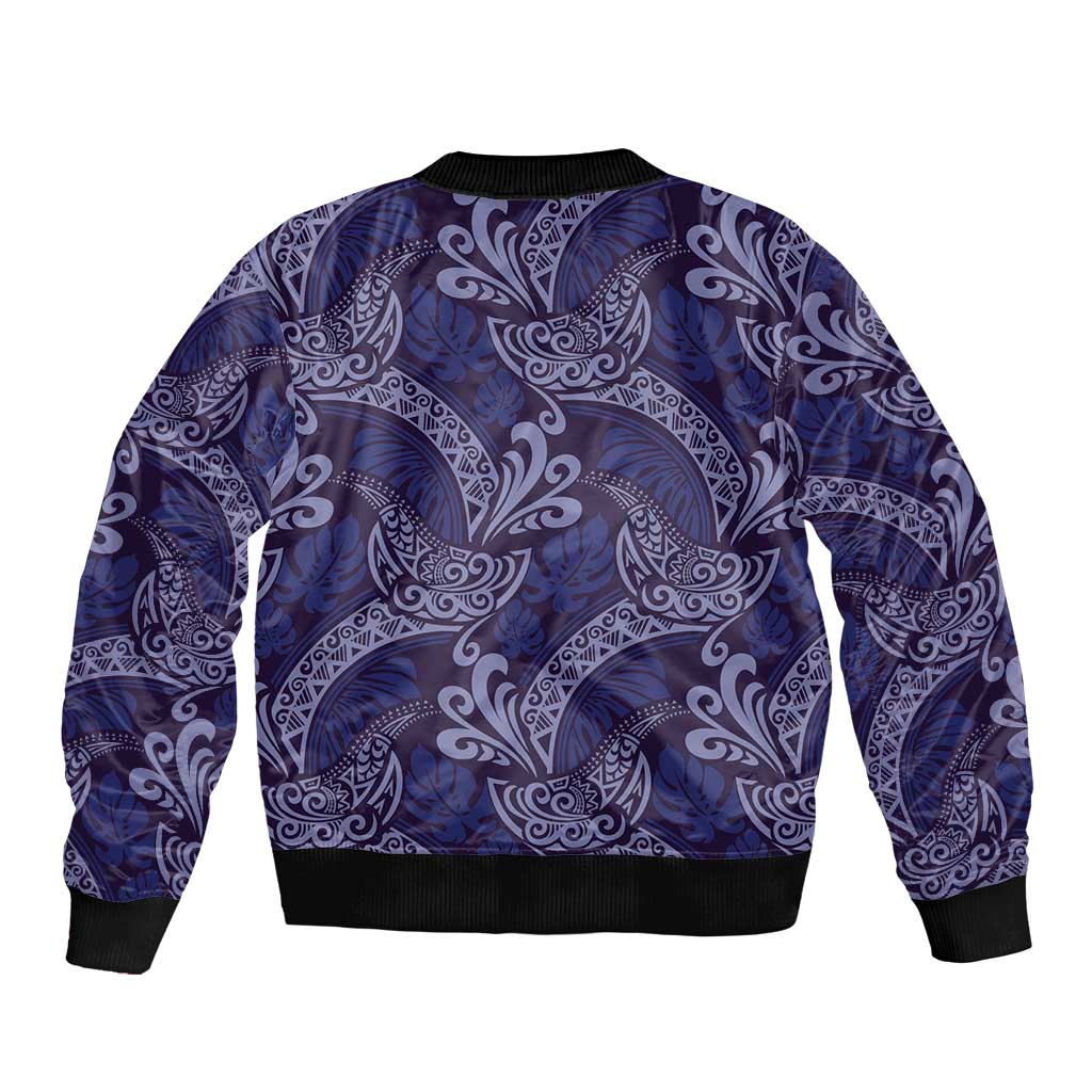Deep Blue Monstera Sleeve Zip Bomber Jacket Polynesian Tribal Pattern LT01 - Polynesian Pride