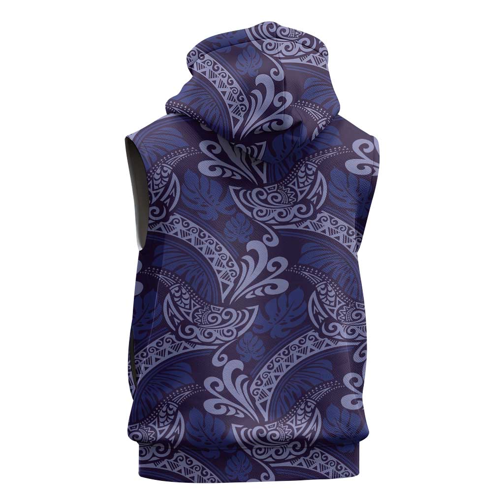 Deep Blue Monstera Sleeveless Hoodie Polynesian Tribal Pattern LT01 - Polynesian Pride