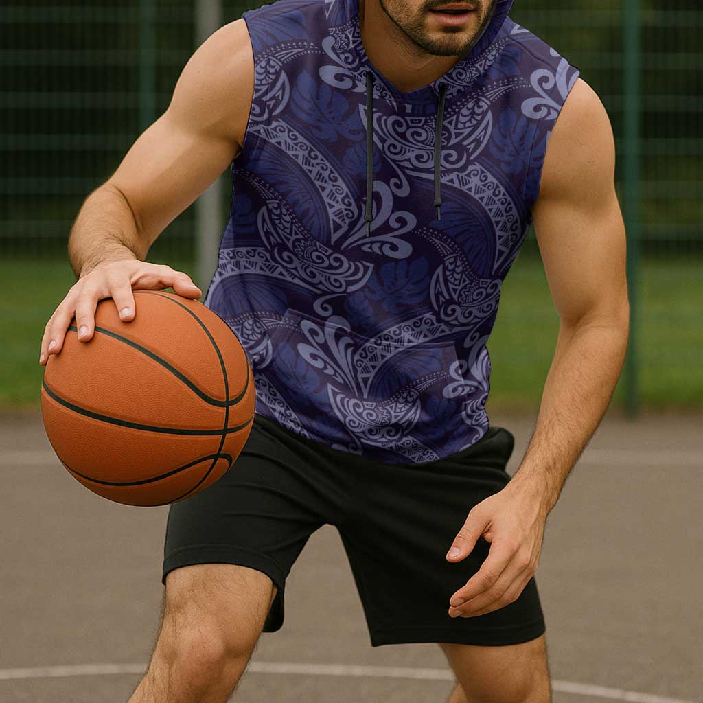Deep Blue Monstera Sleeveless Hoodie Polynesian Tribal Pattern LT01 - Polynesian Pride