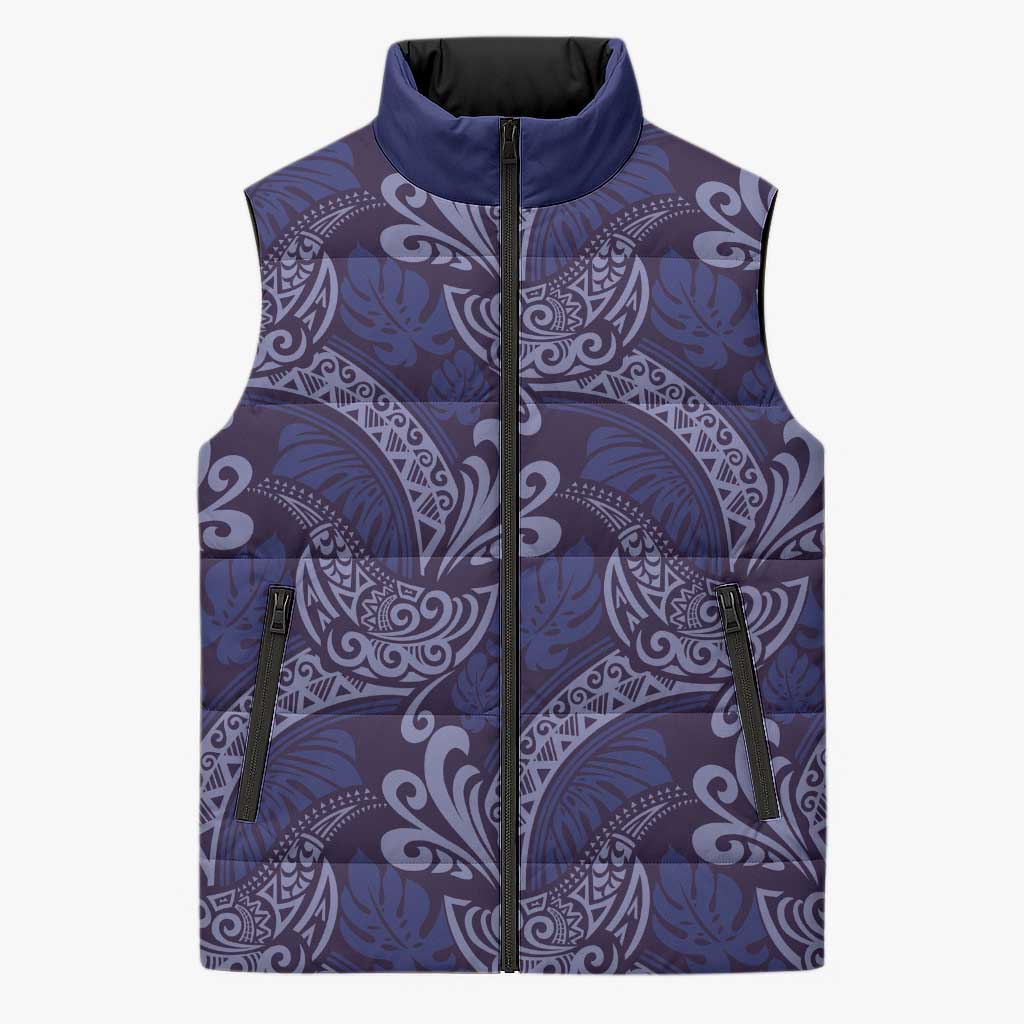 Deep Blue Monstera Sleeveless Puffer Jacket Polynesian Tribal Pattern LT01 Unisex Blue - Polynesian Pride