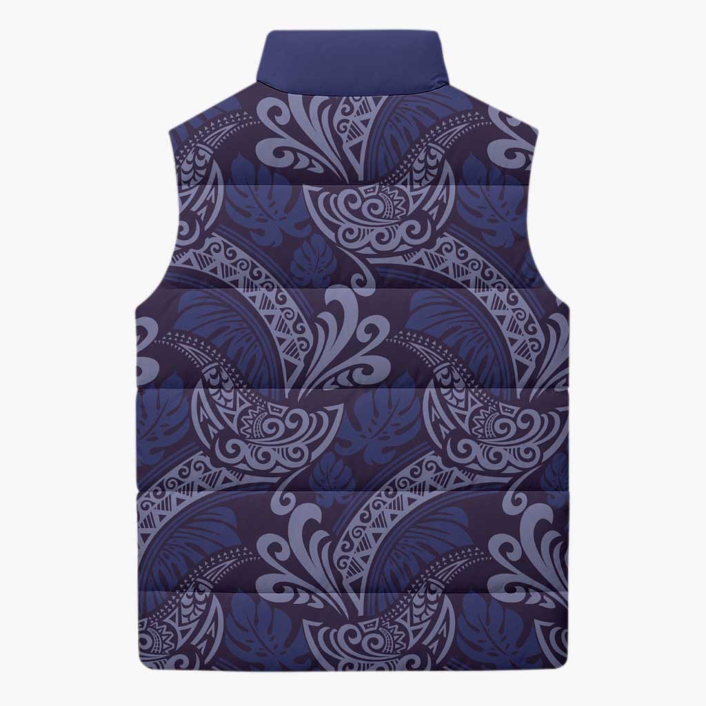 Deep Blue Monstera Sleeveless Puffer Jacket Polynesian Tribal Pattern LT01 - Polynesian Pride