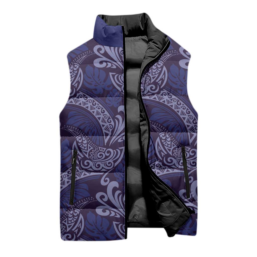 Deep Blue Monstera Sleeveless Puffer Jacket Polynesian Tribal Pattern LT01 - Polynesian Pride