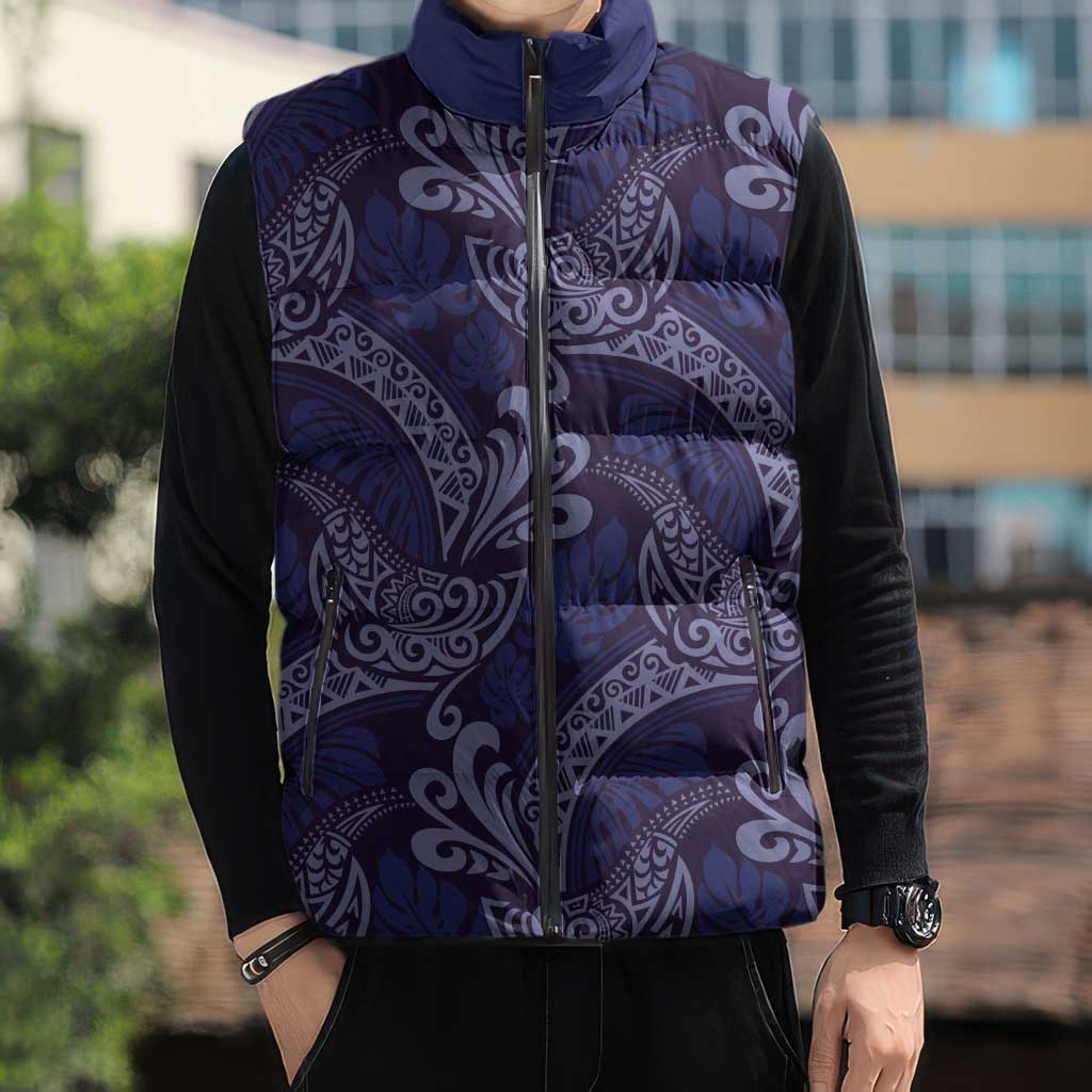 Deep Blue Monstera Sleeveless Puffer Jacket Polynesian Tribal Pattern LT01 - Polynesian Pride