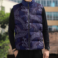 Deep Blue Monstera Sleeveless Puffer Jacket Polynesian Tribal Pattern LT01 - Polynesian Pride