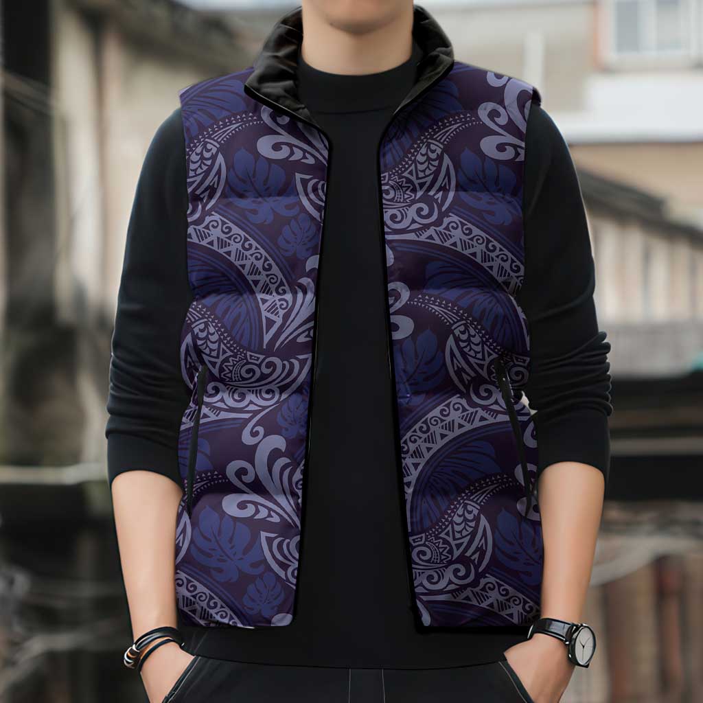 Deep Blue Monstera Sleeveless Puffer Jacket Polynesian Tribal Pattern LT01 - Polynesian Pride