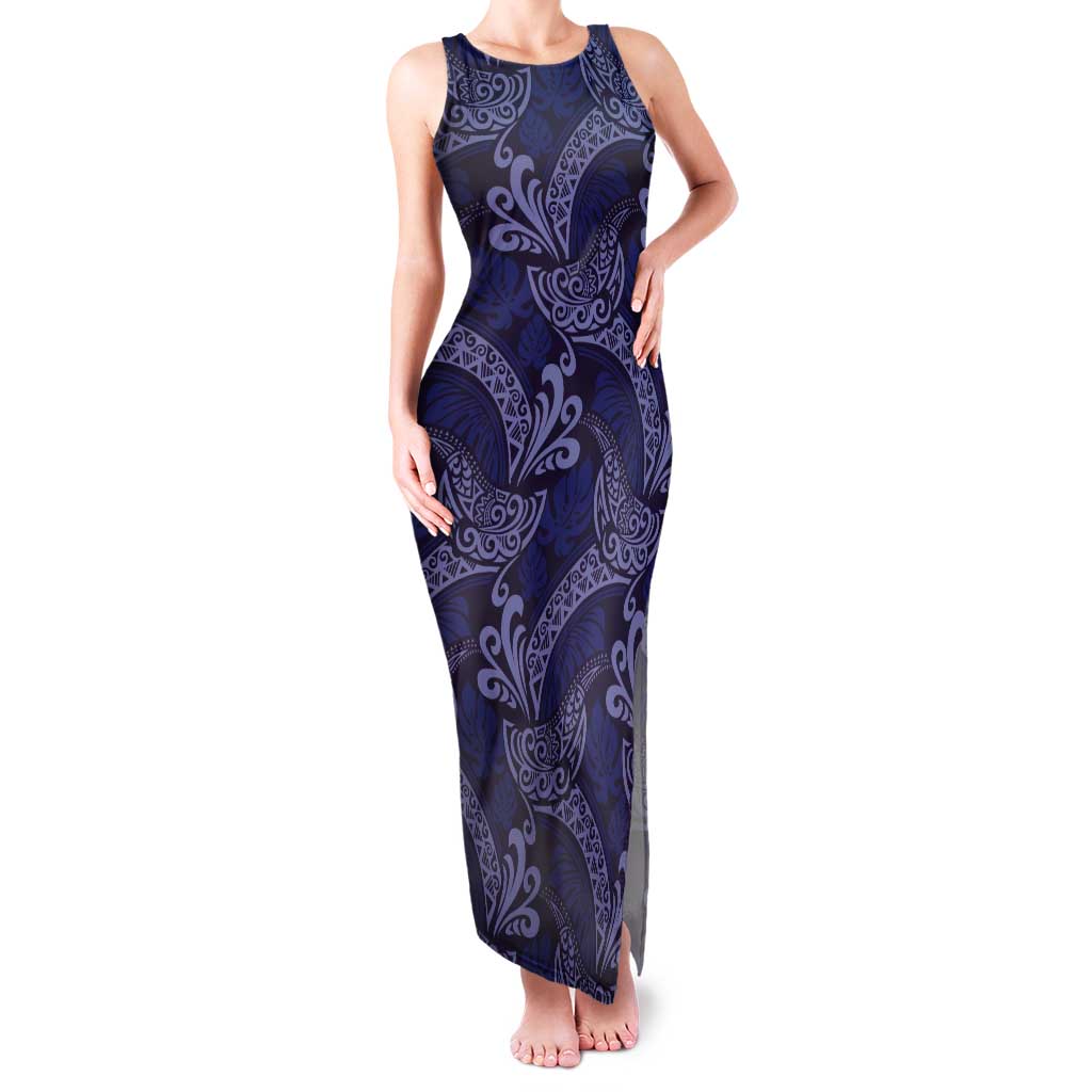 Deep Blue Monstera Tank Maxi Dress Polynesian Tribal Pattern LT01 Women Blue - Polynesian Pride