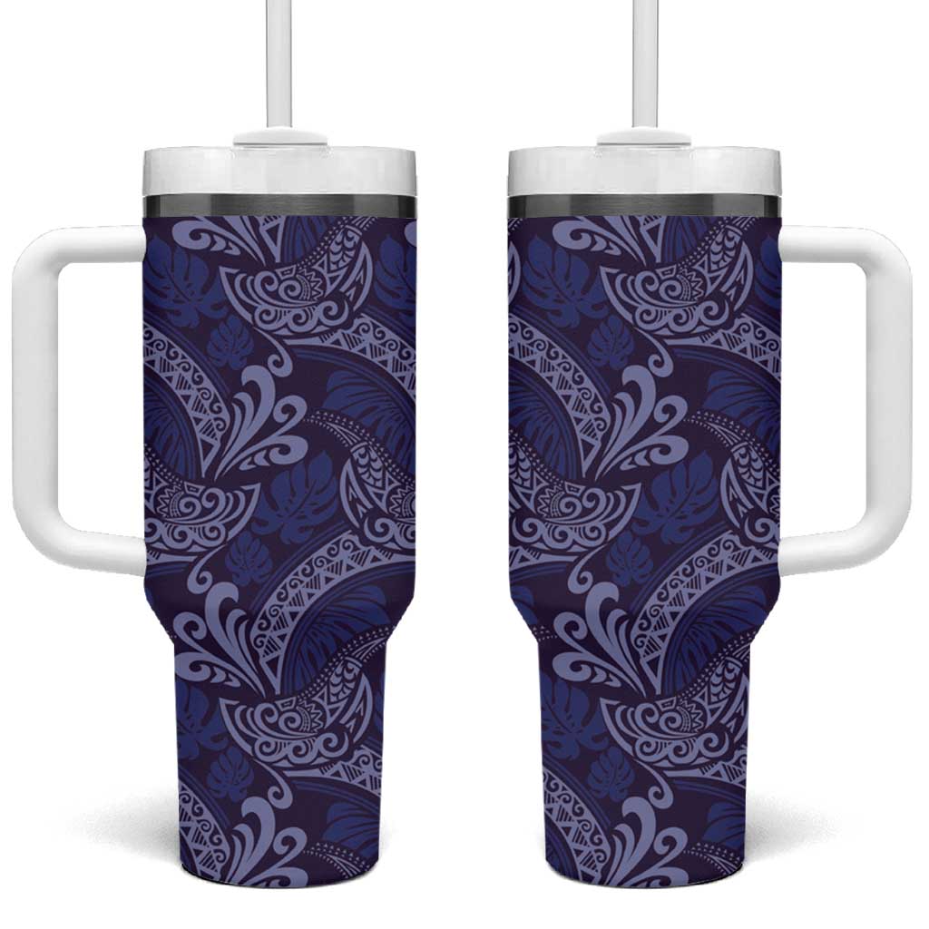 Deep Blue Monstera Tumbler With Handle Polynesian Tribal Pattern LT01 One Size: 40 oz Blue - Polynesian Pride