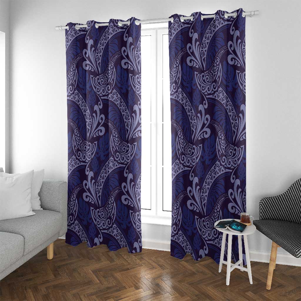 Deep Blue Monstera Window Curtain Polynesian Tribal Pattern LT01 With Grommets Blue - Polynesian Pride