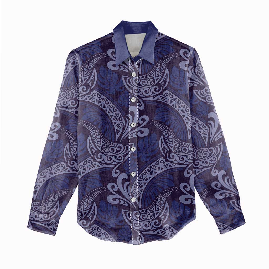 Deep Blue Monstera Women Casual Shirt Polynesian Tribal Pattern LT01 - Polynesian Pride