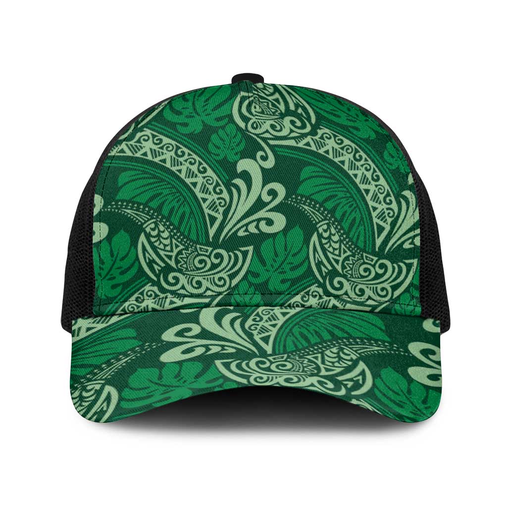 Forest Green Monstera Baseball Net Cap Polynesian Tribal Pattern LT01 One Size Black Green - Polynesian Pride