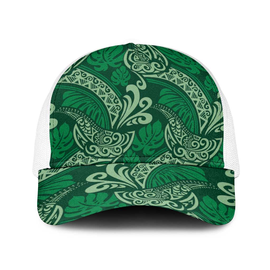 Forest Green Monstera Baseball Net Cap Polynesian Tribal Pattern LT01 One Size White Green - Polynesian Pride