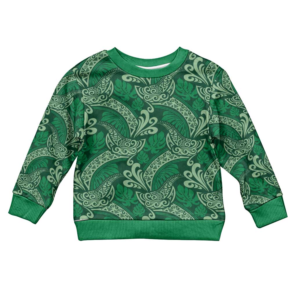 Forest Green Monstera Kid Ugly Christmas Sweater Polynesian Tribal Pattern LT01 Kid Green - Polynesian Pride