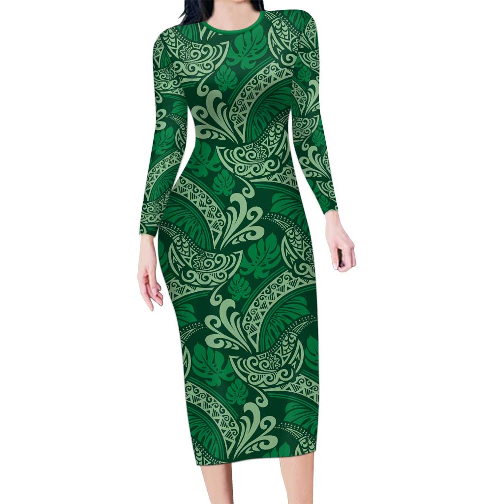 Forest Green Monstera Long Sleeve Bodycon Dress Polynesian Tribal Pattern LT01 Long Dress Green - Polynesian Pride