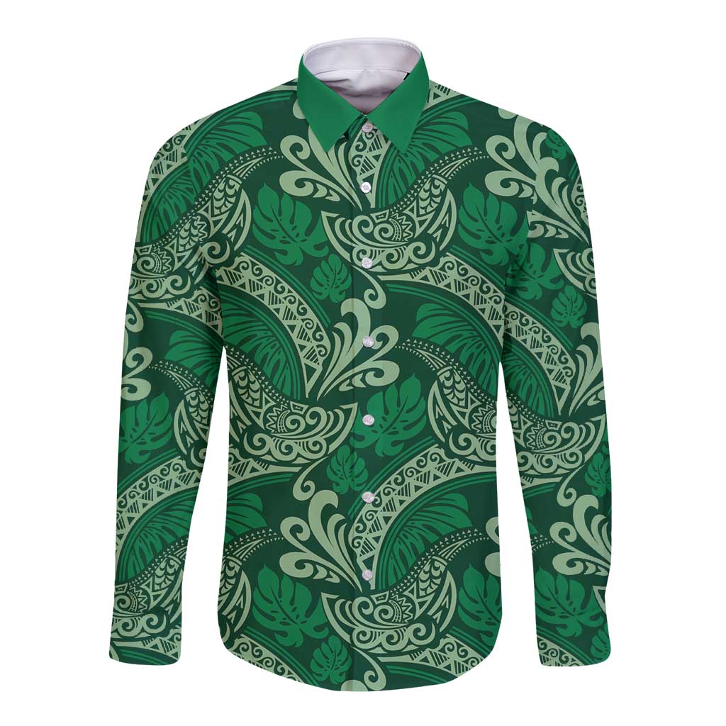 Forest Green Monstera Long Sleeve Button Shirt Polynesian Tribal Pattern LT01 Unisex Green - Polynesian Pride
