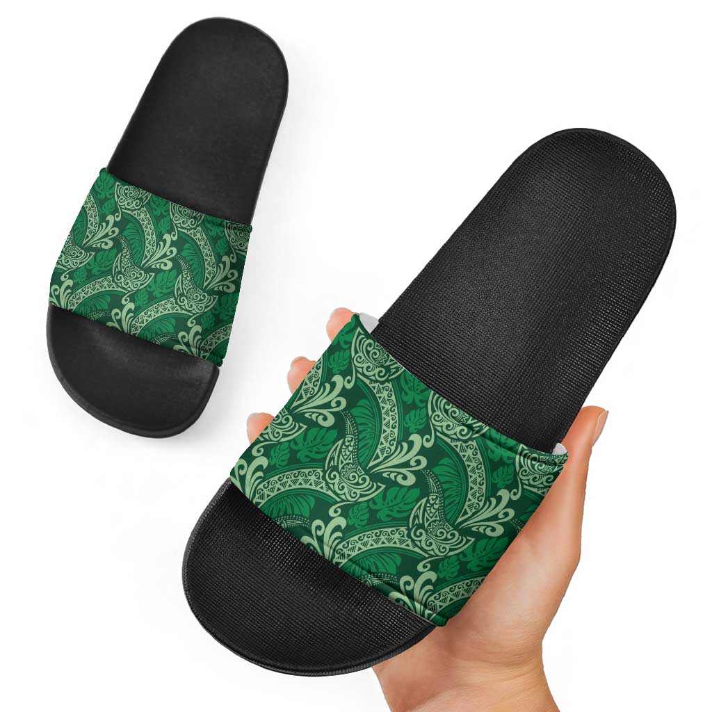 Forest Green Monstera Slide Sandals - Polynesian Tribal Pattern LT01 - Polynesian Pride