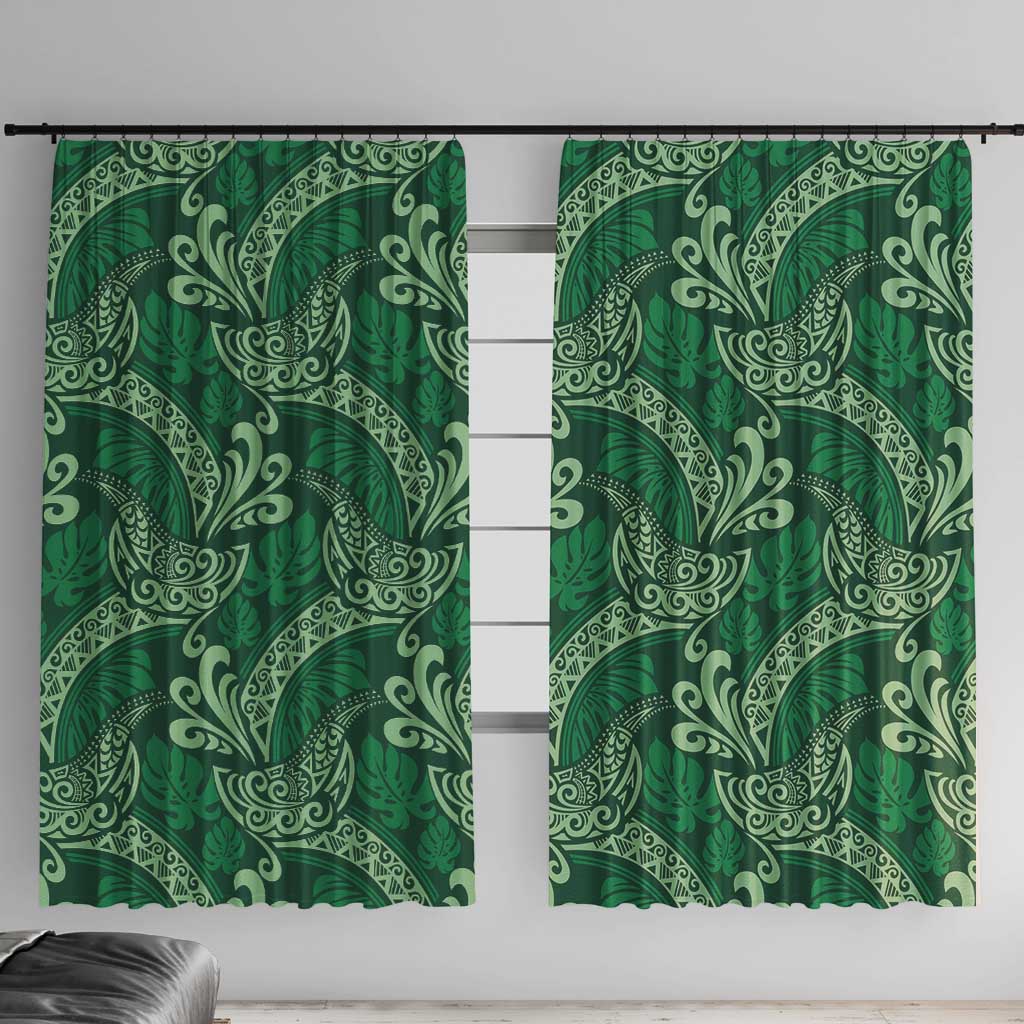 Forest Green Monstera Window Curtain Polynesian Tribal Pattern LT01 With Hooks Green - Polynesian Pride