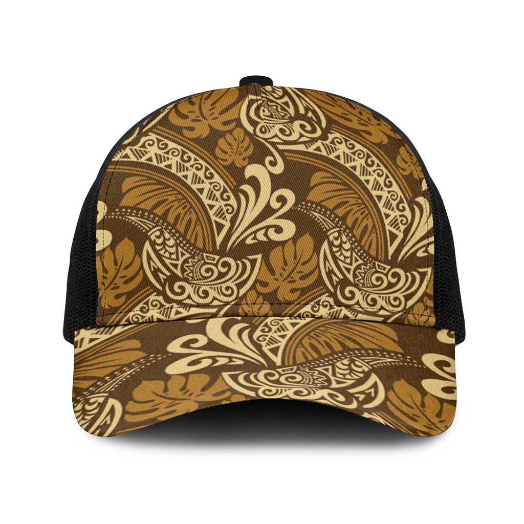Brown Gold Monstera Baseball Net Cap Polynesian Tribal Pattern LT01 One Size Black Gold - Polynesian Pride
