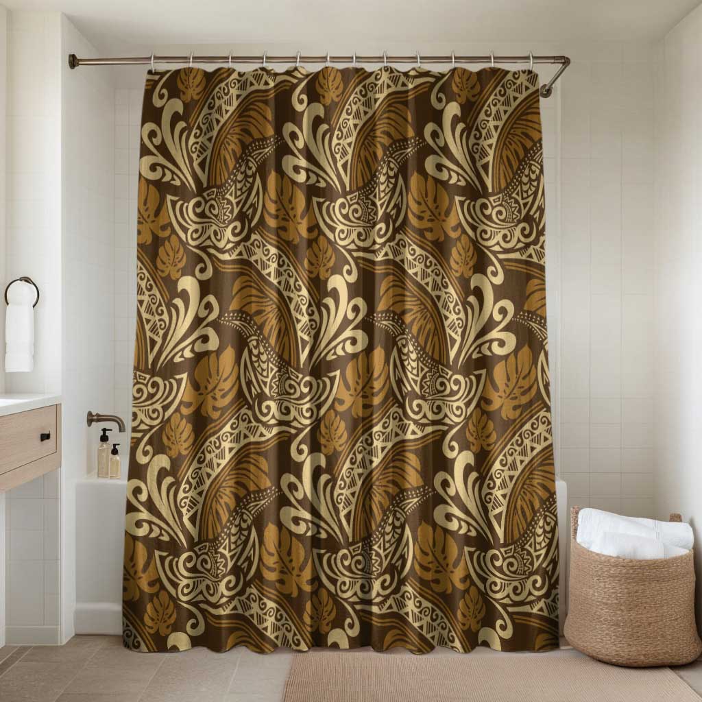 Brown Gold Monstera Bathroom Set Polynesian Tribal Pattern LT01 Shower Curtain Only Gold - Polynesian Pride