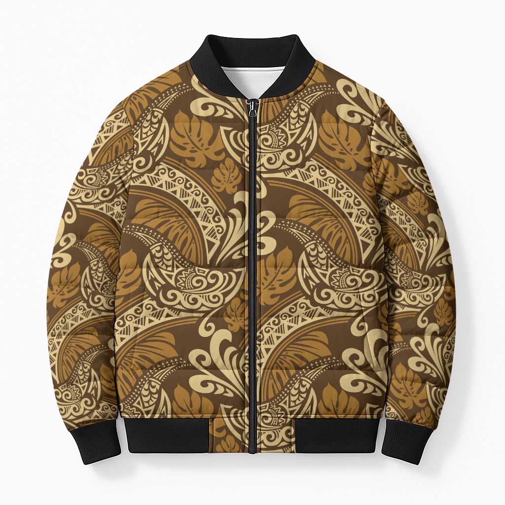 Brown Gold Monstera Bomber Puffer Jacket Polynesian Tribal Pattern LT01 Unisex Gold - Polynesian Pride