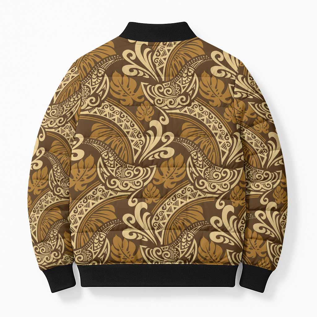 Brown Gold Monstera Bomber Puffer Jacket Polynesian Tribal Pattern LT01 - Polynesian Pride
