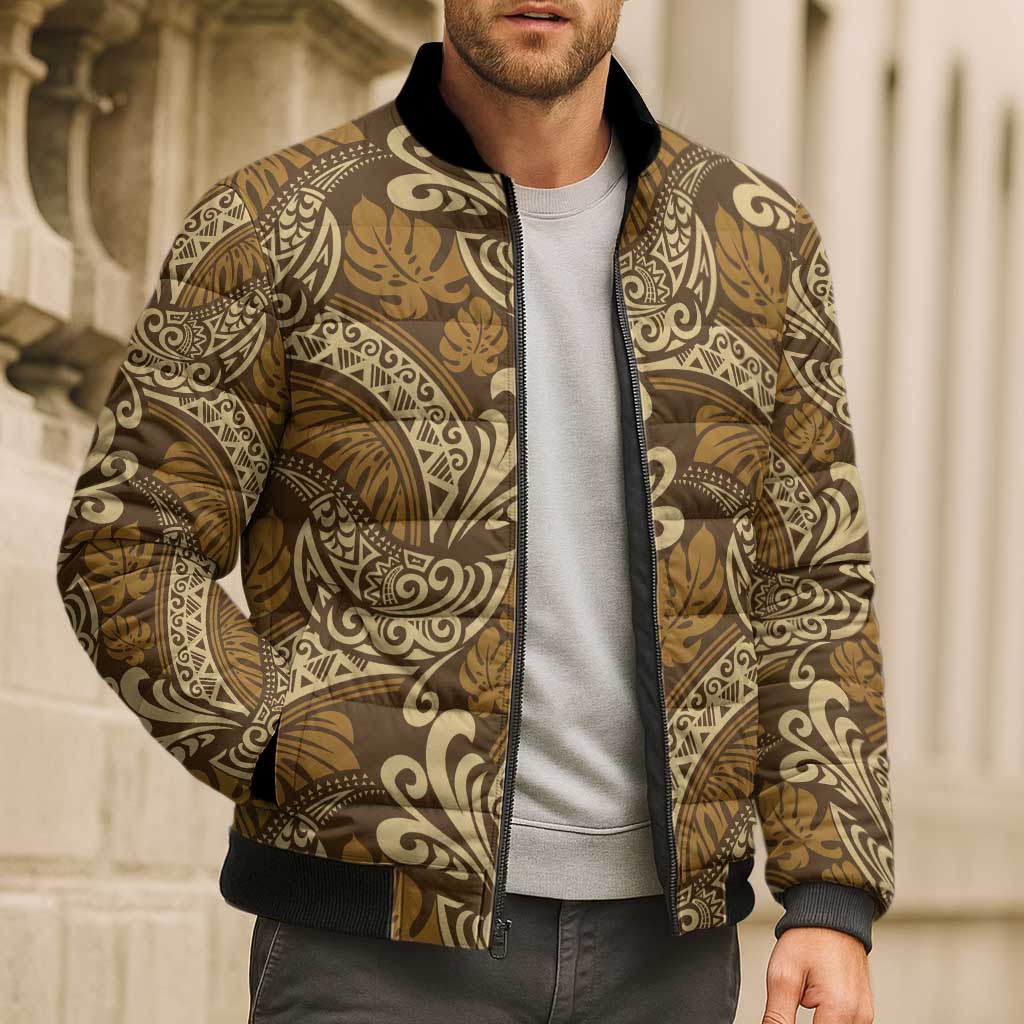 Brown Gold Monstera Bomber Puffer Jacket Polynesian Tribal Pattern LT01 - Polynesian Pride