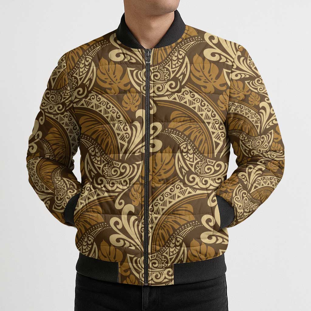 Brown Gold Monstera Bomber Puffer Jacket Polynesian Tribal Pattern LT01 - Polynesian Pride