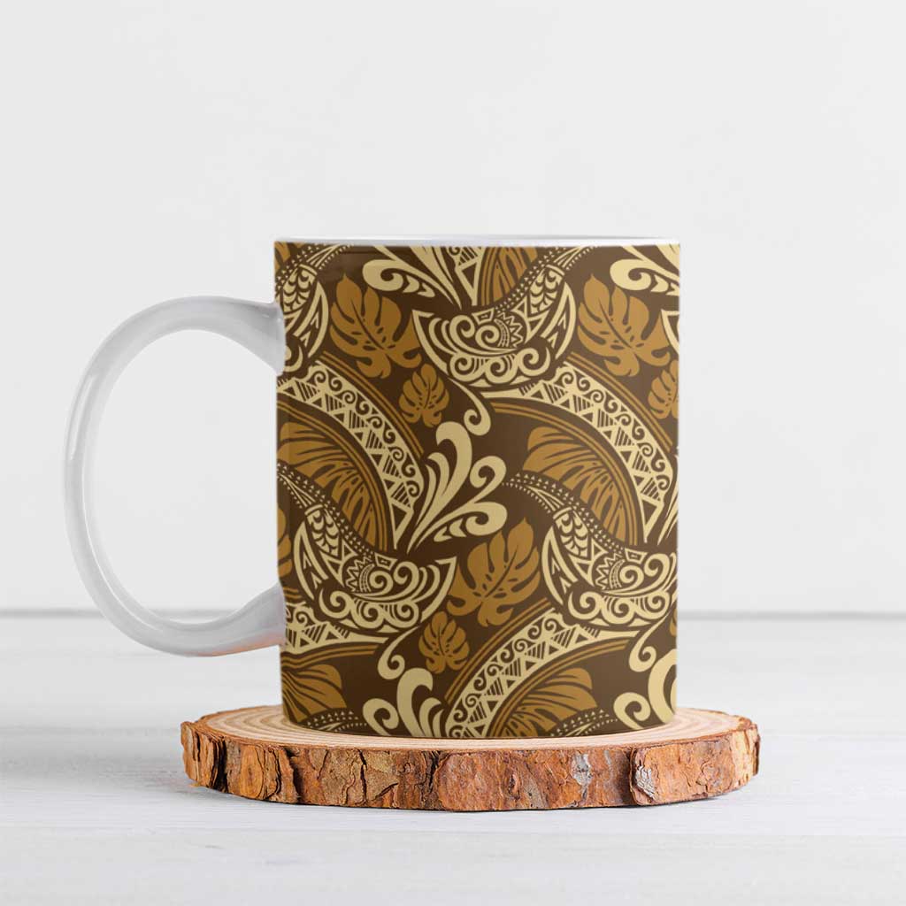 Brown Gold Monstera Ceramic Mug Polynesian Tribal Pattern LT01 Gold - Polynesian Pride