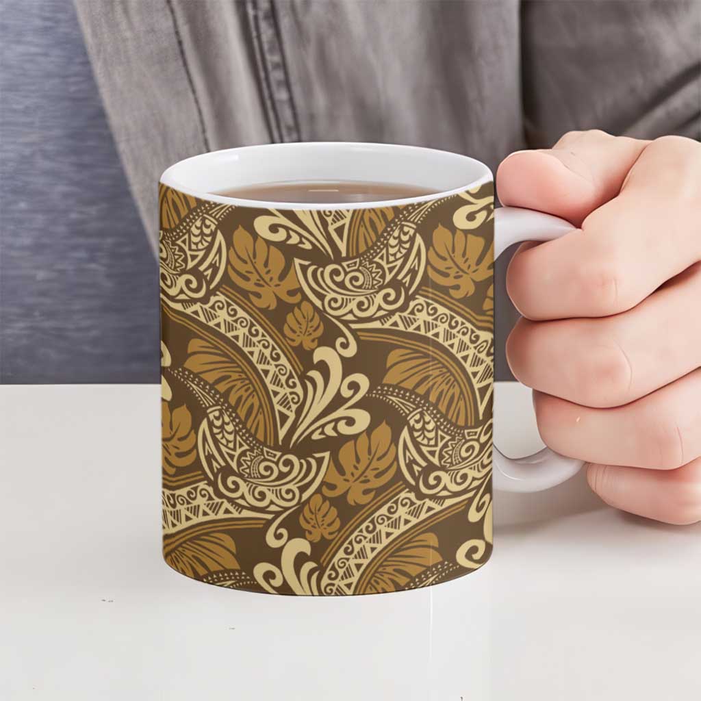 Brown Gold Monstera Ceramic Mug Polynesian Tribal Pattern LT01 - Polynesian Pride