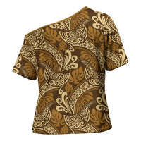 Brown Gold Monstera Cross Shoulder Shirt Polynesian Tribal Pattern LT01 - Polynesian Pride