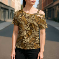 Brown Gold Monstera Cross Shoulder Shirt Polynesian Tribal Pattern LT01 - Polynesian Pride