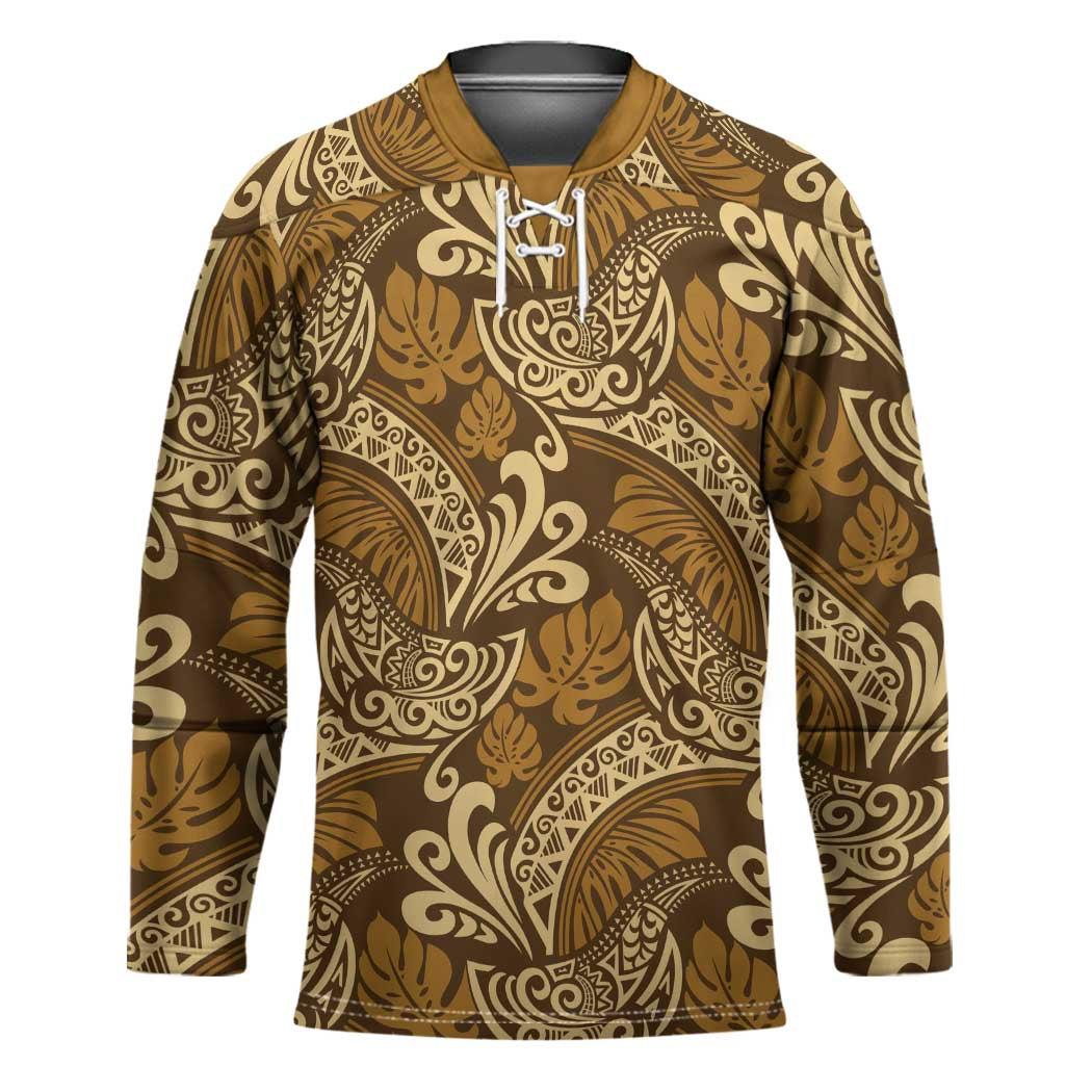 Brown Gold Monstera Hockey Jersey Polynesian Tribal Pattern LT01 Unisex Gold - Polynesian Pride