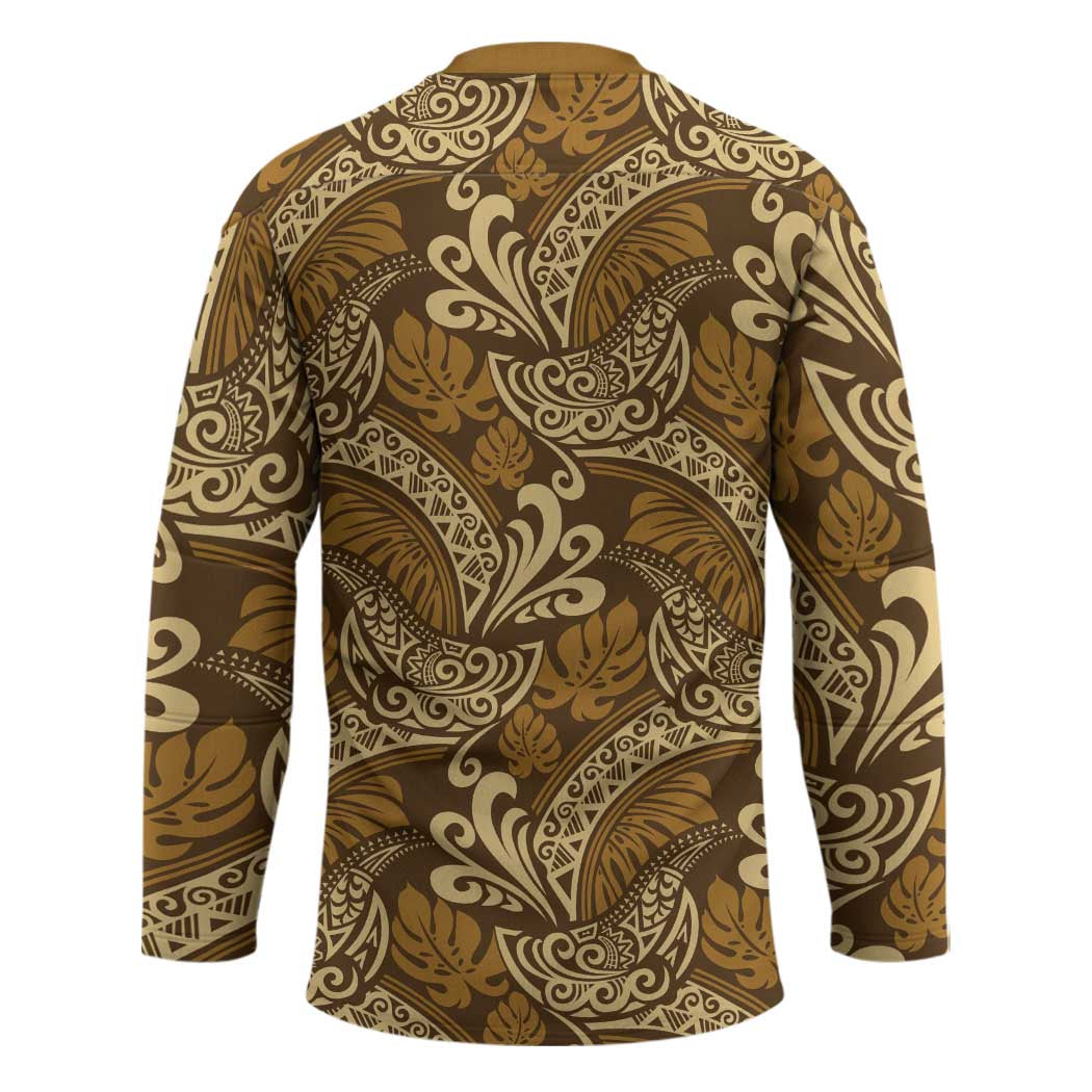 Brown Gold Monstera Hockey Jersey Polynesian Tribal Pattern LT01 - Polynesian Pride