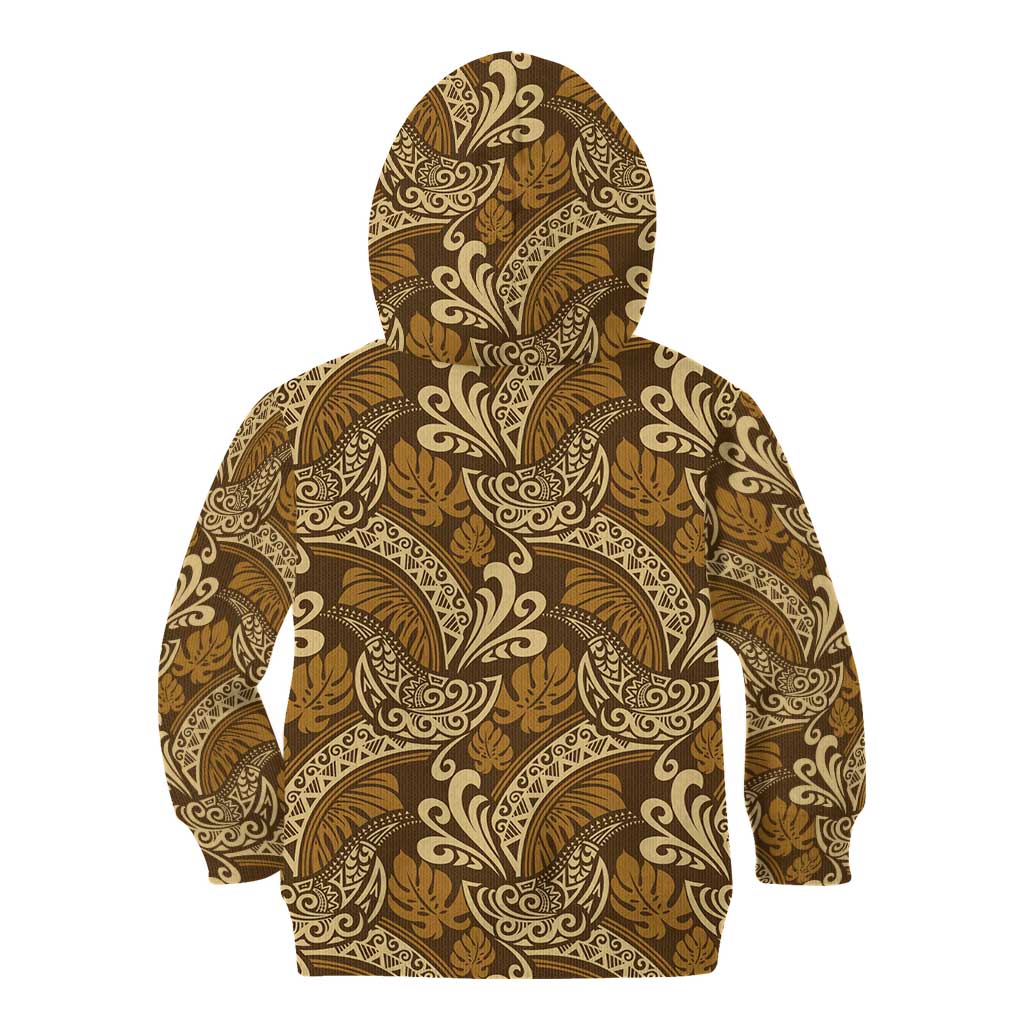 Brown Gold Monstera Kid Hoodie Polynesian Tribal Pattern LT01 - Polynesian Pride