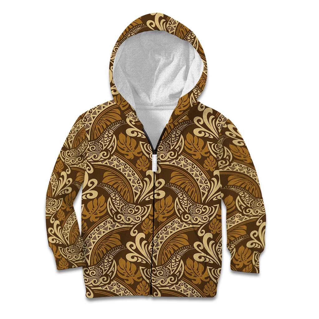 Brown Gold Monstera Kid Hoodie Polynesian Tribal Pattern LT01 Zip Hoodie Gold - Polynesian Pride