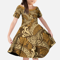 Brown Gold Monstera Kid Short Sleeve Dress Polynesian Tribal Pattern LT01 KID Gold - Polynesian Pride