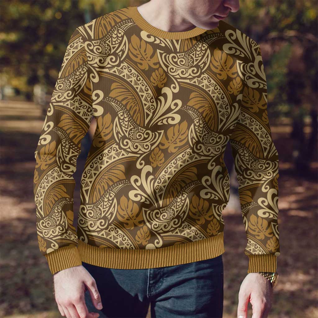 Brown Gold Monstera Ugly Christmas Sweater Polynesian Tribal Pattern LT01 - Polynesian Pride